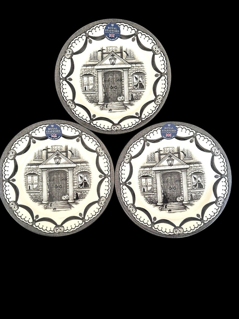 3 Royal Stafford Spookeyville Haunted House 1666~ 8.5” Salad Plates NWT